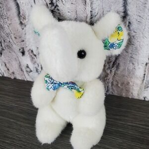 Vintage White Elephant 8" Floral Flower Ears, Feet, Bow Tie Black Plastic Eyes